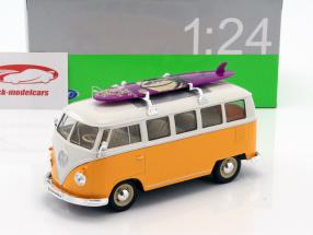 Volkswagen VW Classic Bus med surfbræt Opførselsår 1962 gul / hvid 1:24 Welly