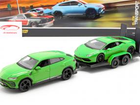 3-Car Set Lamborghini Urus mit Trailer und Lamborghini Huracan grün 1:24 Maisto