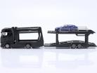 Scania S730 transportador de coches negro con Lamborghini azul metálico 1:43 Bburago
