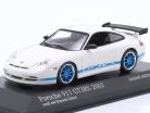 Porsche 911 (996) GT3 RS Ano de construção 2002 branco / Azulada aros 1:43 Minichamps