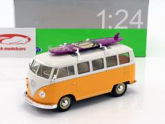 Volkswagen VW Classic Bus with surfboard year 1962 yellow / white 1:24 Welly