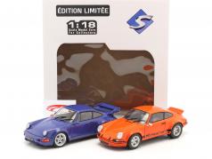 2 carros conjunto Porsche 911 Carrera RSR & Porsche 911 Carrera RS (964) laranja / azul 1:18 Solido