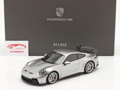 Porsche 911 (992) GT3 2021 GT argento metallico insieme a vetrina 1:18 Minichamps
