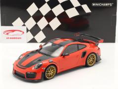 Porsche 911 (991 II) GT2 RS Weissach Package 2018 апельсин / золотой диски 1:18 Minichamps