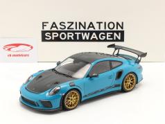 Porsche 911 (991 II) GT3 RS Weissach Package 2019 Miami blauw / gouden velgen 1:18 Minichamps