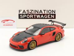 Porsche 911 (991 II) GT3 RS Weissach Package 2019 lava Oranje / gouden velgen 1:18 Minichamps