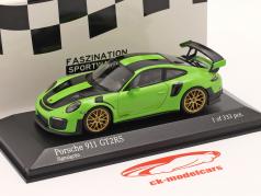Porsche 911 (991 II) GT2 RS Weissach Package 2018 vert de signalisation / doré jantes 1:43 Minichamps