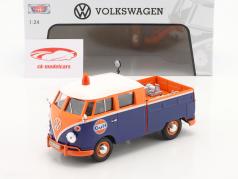 Volkswagen VW T1 （类型 2) 平板巴士 Gulf Service 蓝色的 / 橙 1:24 MotorMax
