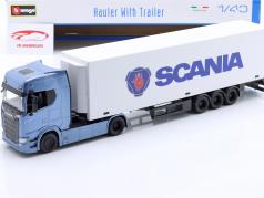 Scania S730 Caminhão semirreboque com semi-reboque "Scania" branco / azul metálico 1:43 Bburago