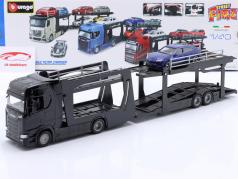 Scania S730 Autotransporter schwarz mit Lamborghini blau metallic 1:43 Bburago