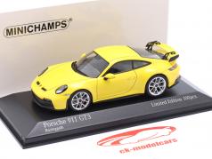 Porsche 911 (992) GT3 year 2020 racing yellow / silver rims 1:43 Minichamps
