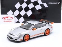 Porsche 911 GT3 RS Año de construcción 2007 plata / naranja llantas 1:18 Minichamps