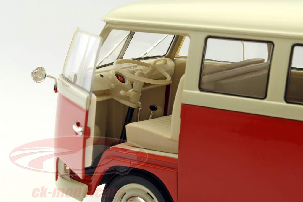 Volkswagen VW T1 Bus Window Van jaar 1963 rood / crème 1:18 Welly