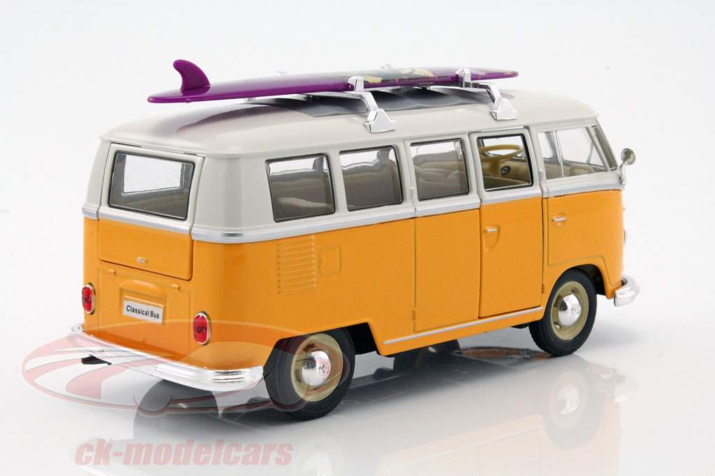 Volkswagen VW Classic Bus con tabla de surf año de construcción 1962 amarillo / blanco 1:24 Welly