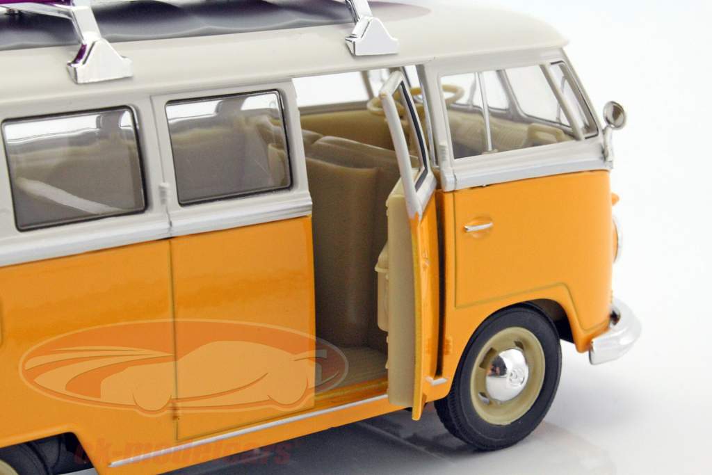 Volkswagen VW Classic Bus с доска для серфинга Год постройки 1962 желтый / белый 1:24 Welly