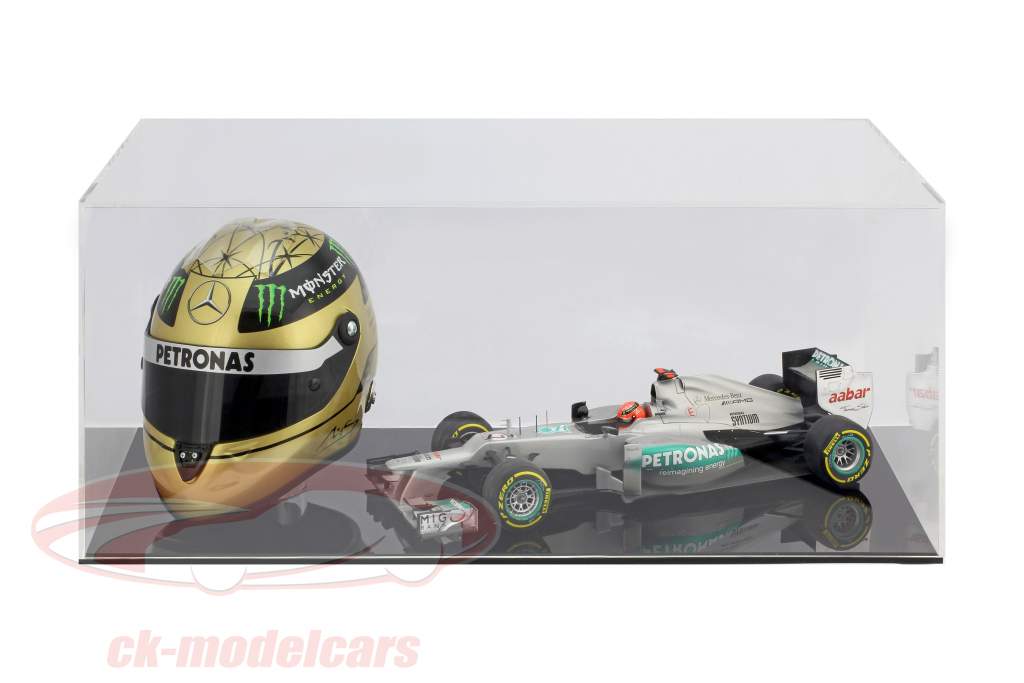 High quality showcase for 1 helmet in scale 1:2 and 1 Modelcar in scale 1:18 black SAFE