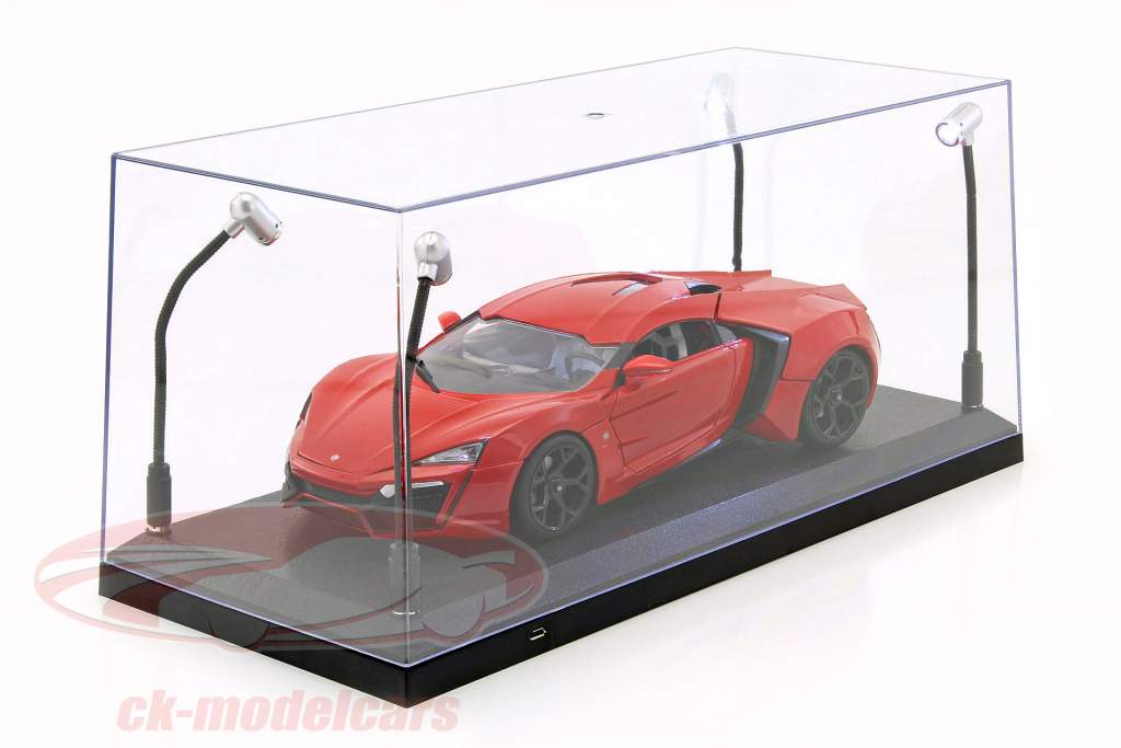 Single showcase with 4 mobile LED lamps for model cars in scale 1:18 Triple9