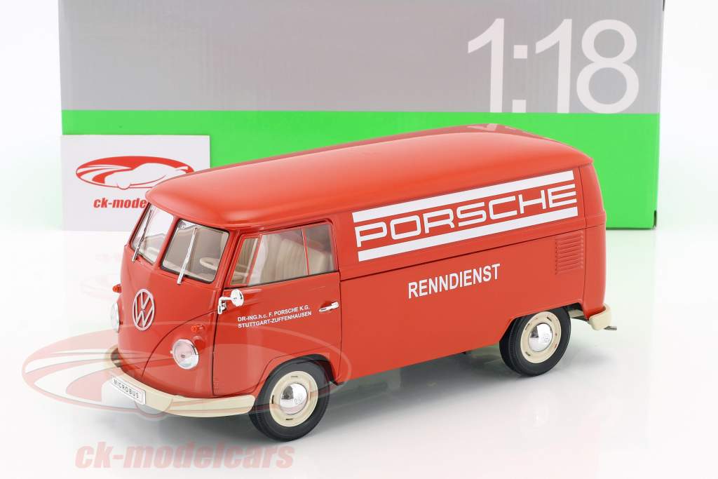 Volkswagen VW T1 Bus Porsche Renndienst Bouwjaar 1963 rood / wit 1:18 Welly