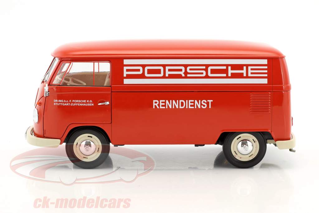 Volkswagen VW T1 Bus Porsche Renndienst Opførselsår 1963 rød / hvid 1:18 Welly
