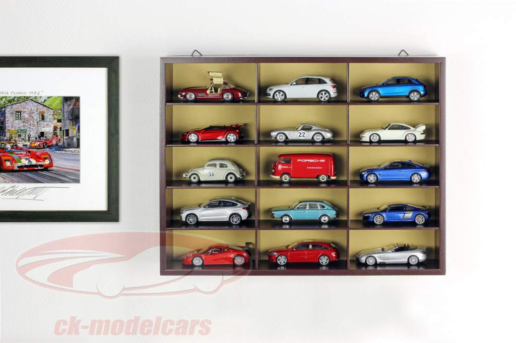 Wooden high-quality showcase / wall showcase for 15 modelcars brown 1:43 Atlas