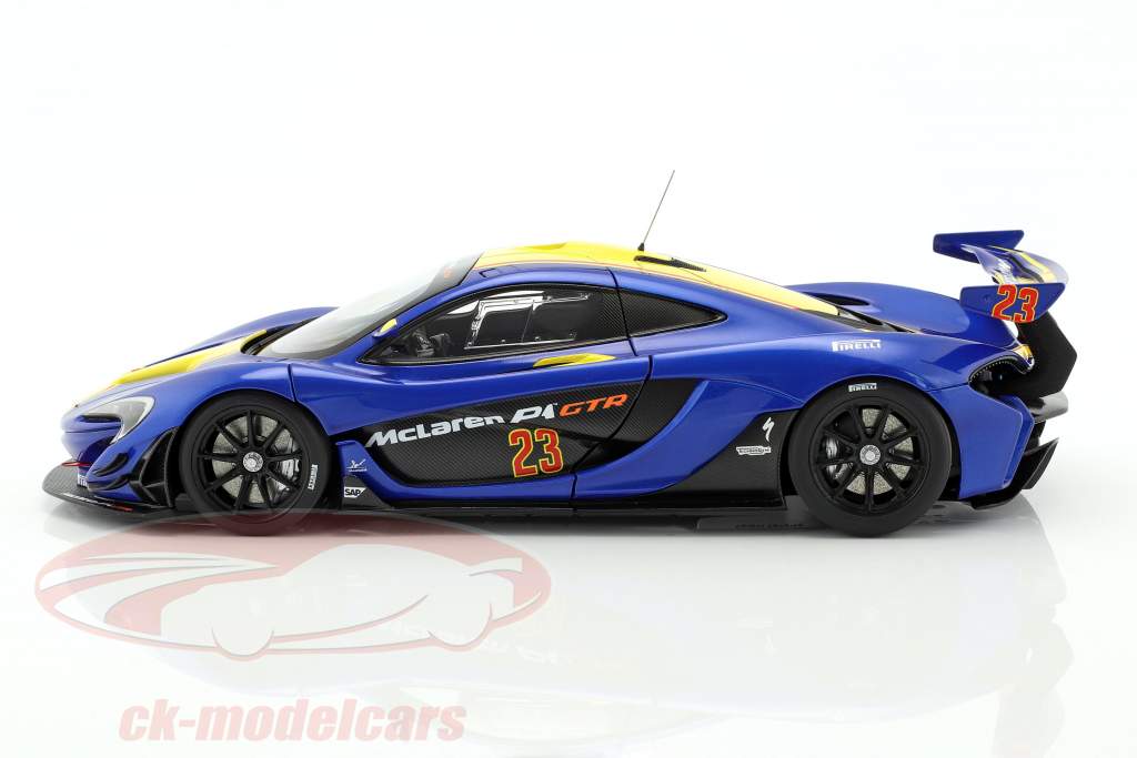 McLaren P1 GTR Bouwjaar 2015 blauw metalen / geel 1:18 AUTOart