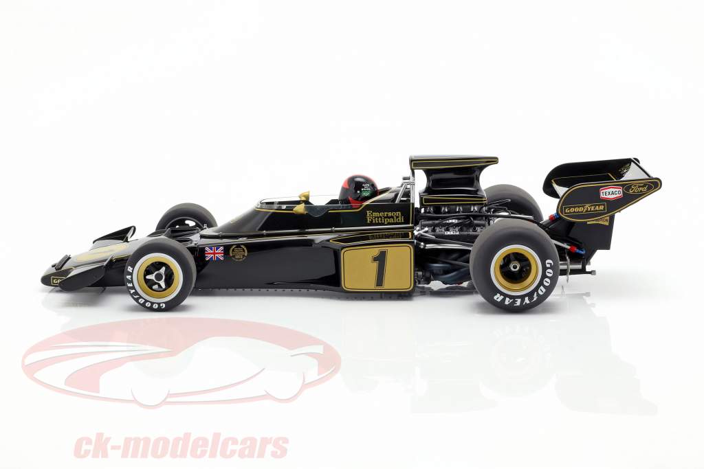 Emerson Fittipaldi Lotus 72E #1 formel 1 1973 med chauffør figur 1:18 AUTOart