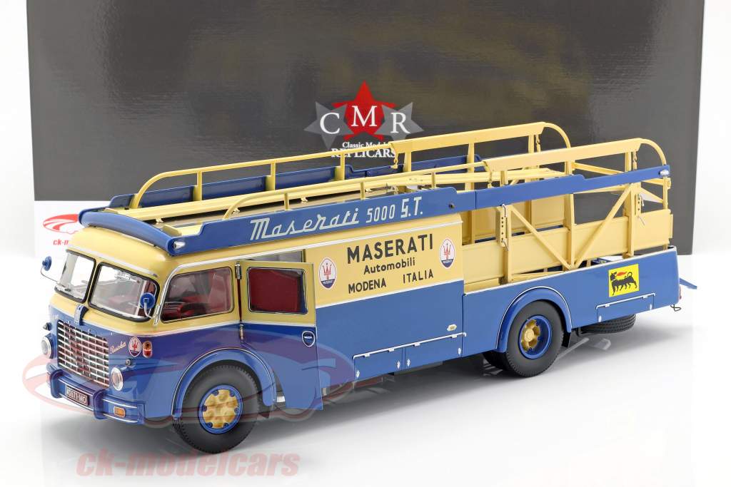 Fiat 642 RN2 Bartoletti Maserati Race Car Transporter 1957 blue / yellow 1:18 CMR