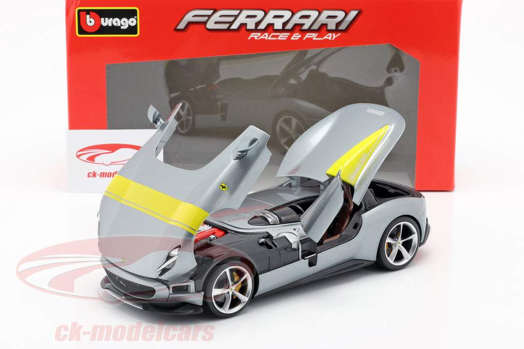 Ferrari Monza SP1 Año de construcción 2019 gris metálico / amarillo 1:18 Bburago