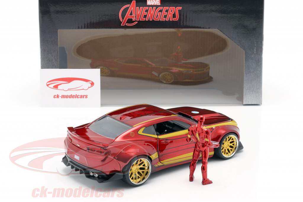 Chevrolet Camaro 2016 com figura Iron Man Marvel's The Avengers vermelho / ouro 1:24 Jada Toys
