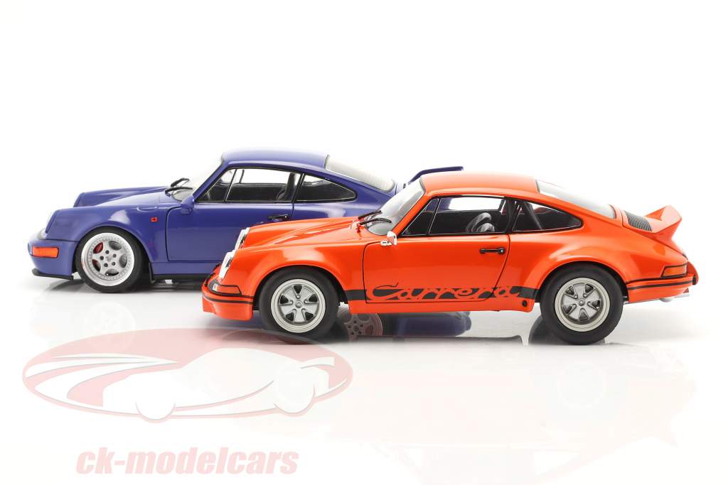 2 wagens set Porsche 911 Carrera RSR & Porsche 911 Carrera RS (964) oranje / blauw 1:18 Solido