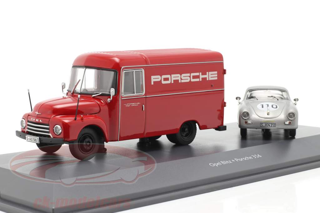 2-Car Set Opel Blitz 1,75t rød og Porsche 356 #110 sølv 1:43 Schuco