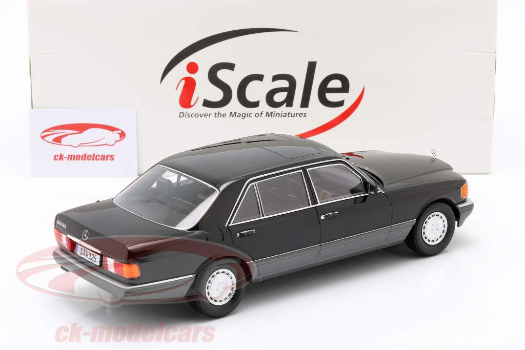 Mercedes-Benz 560 SEL Classe S (W126) Ano de construção 1985 Preto / cinzento 1:18 iScale