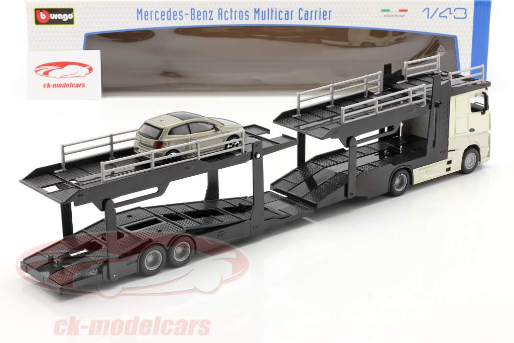 Mercedes-Benz Actros transporteur de voitures avec VW Polo GTI or / noir / gris métallique 1:43 Bburago