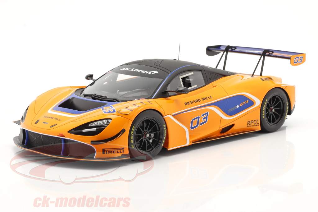 McLaren 720S GT3 2019 #03 naranja / azul Con Escaparate 1:18 Spark