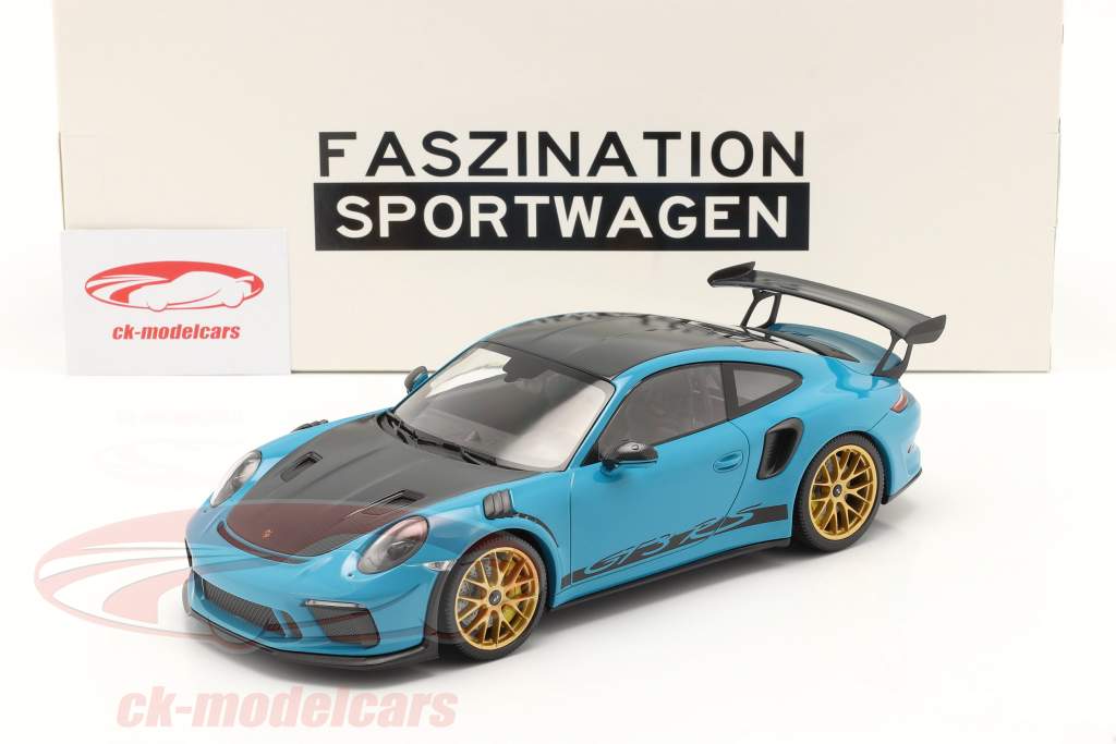 Porsche 911 (991 II) GT3 RS Weissach Package 2019 bleu de Miami / doré jantes 1:18 Minichamps
