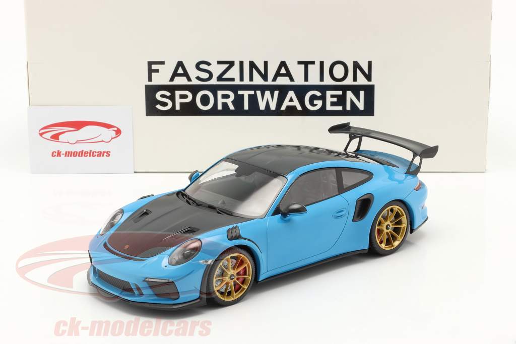 Porsche 911 (991 II) GT3 RS Weissach Package 2019 azul miami / dorado llantas 1:18 Minichamps