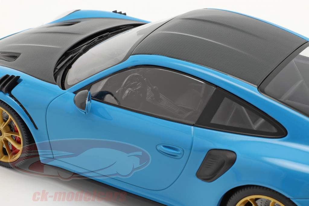 Porsche 911 (991 II) GT3 RS Weissach Package 2019 azul miami / dorado llantas 1:18 Minichamps