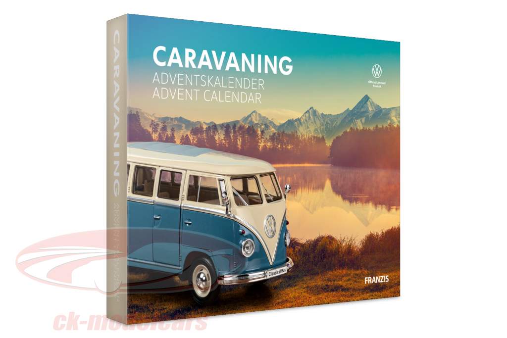 caravan Advent kalender: Volkswagen VW Bulli T1 blauw / wit 1:24 Franzis