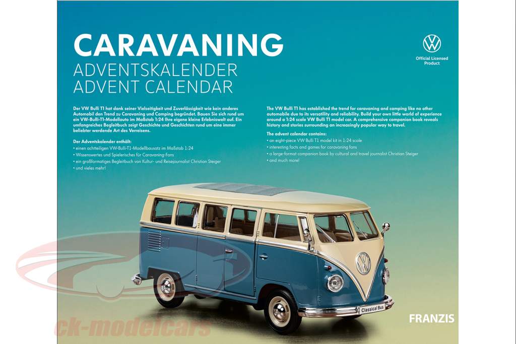 caravan Advent kalender: Volkswagen VW Bulli T1 blauw / wit 1:24 Franzis