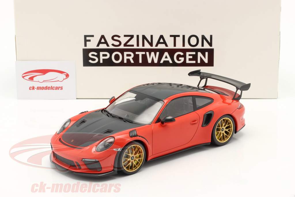 Porsche 911 (991 II) GT3 RS Weissach Package 2019 lava laranja / dourado aros 1:18 Minichamps
