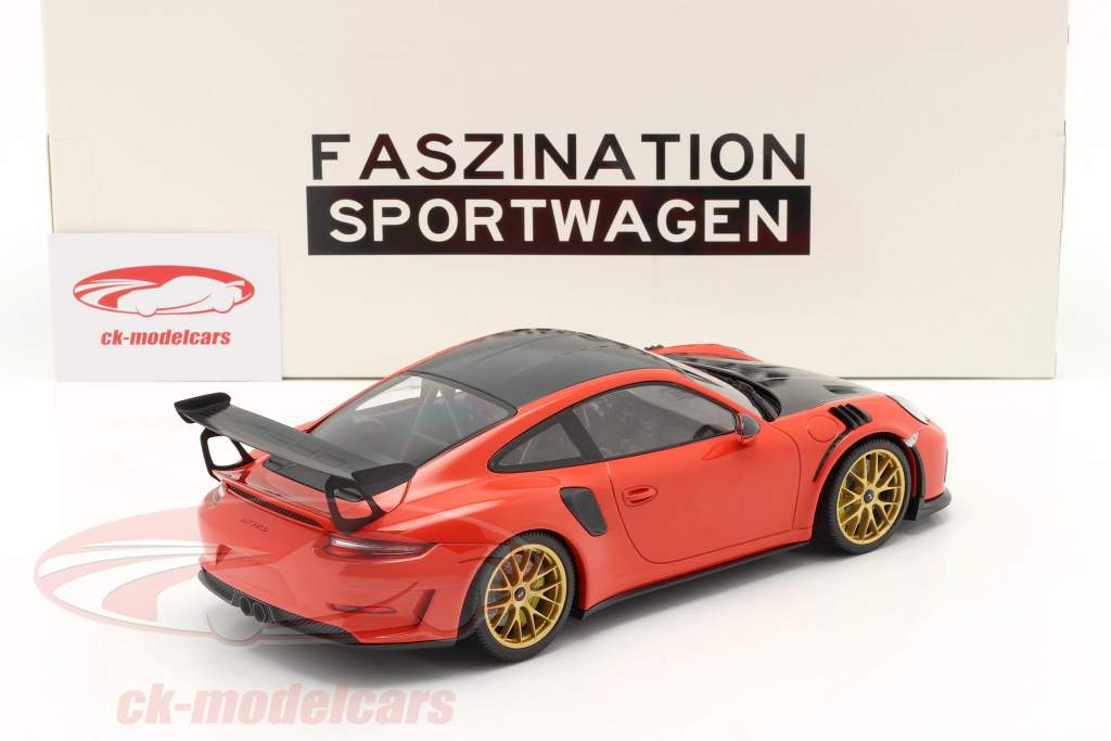 Porsche 911 (991 II) GT3 RS Weissach Package 2019 lava orange / gylden fælge 1:18 Minichamps