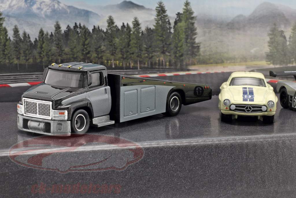 4-Car Set Mercedes-Benz: Transporter & 3x Racing Car 1:64 HotWheels