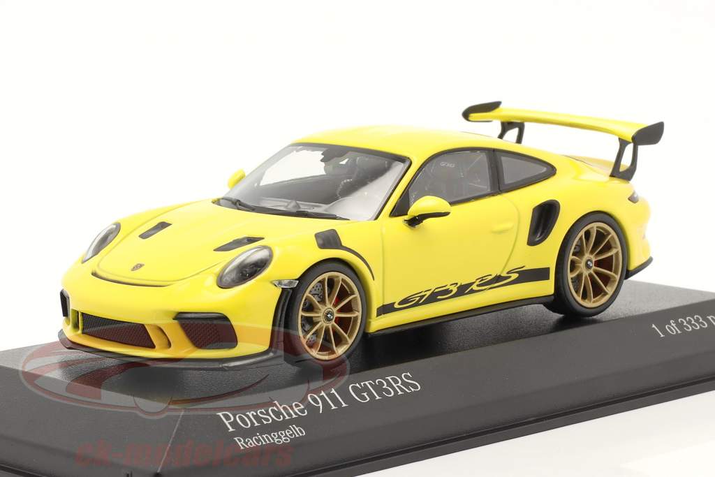 Porsche 911 (991 II) GT3 RS 2018 jaune de course / doré jantes 1:43 Minichamps