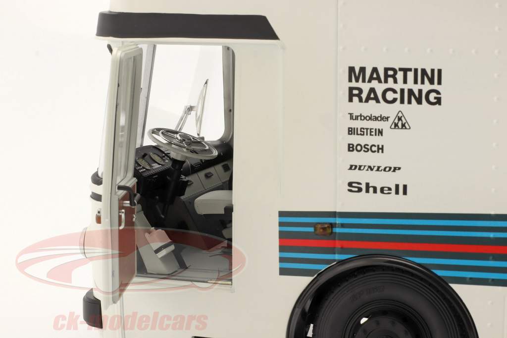 Mercedes-Benz O 317 transportador de carreras Porsche Martini Racing blanco 1:18 Schuco