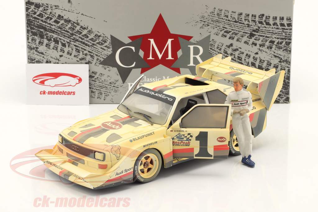 Set Walter Röhrl: Audi quattro S1 Dirty Version #1 vinder Pikes Peak 1987 med figur 1:18 CMR