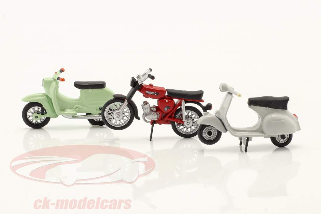 sæt med 3 motorcykler: Simson Schwalbe, Simson S51, Roller GS 1:43 Schuco