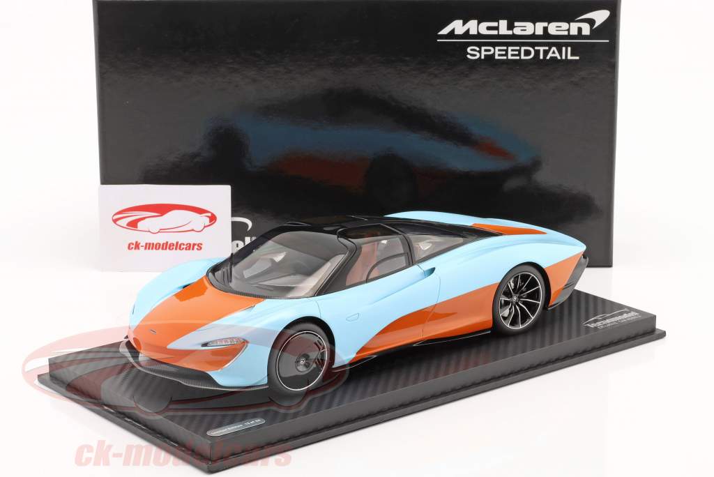 McLaren Speedtail year 2020 orange / gulf blue with showcase 1:18 Tecnomodel