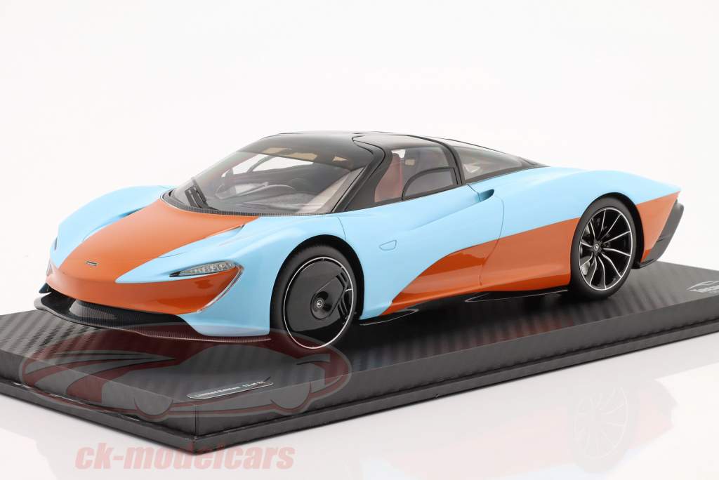 McLaren Speedtail Byggeår 2020 orange / kløft blå Med Udstillingsvindue 1:18 Tecnomodel