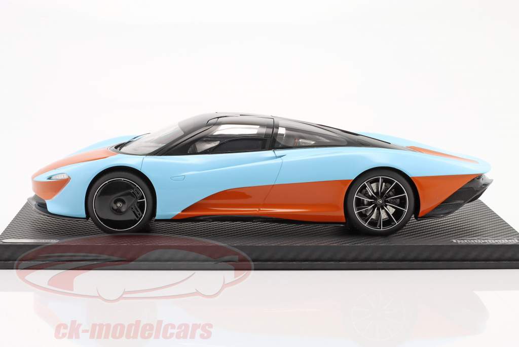 McLaren Speedtail Año de construcción 2020 naranja / azul golfo Con Escaparate 1:18 Tecnomodel