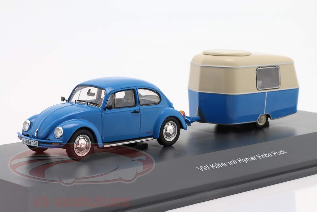 Volkswagen VW Beetle 1600i With Eriba Puck Trailer blue / White 1:43 Schuco